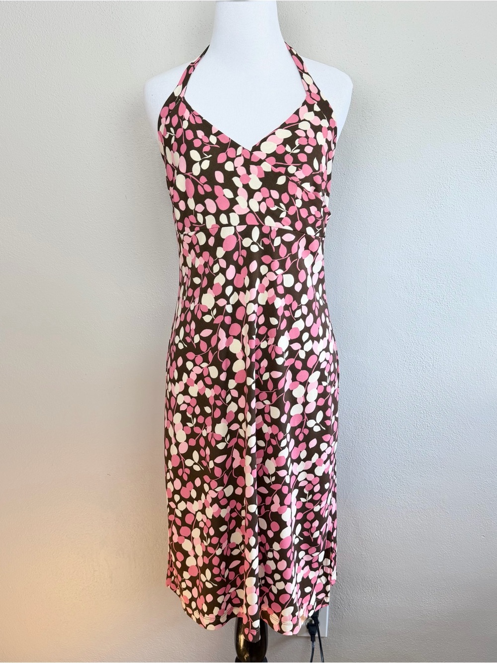 BCBG Y2K 2000s Floral Halter Dress Pink Brown Knee Length Size M